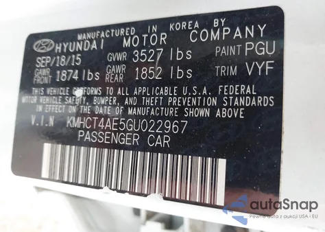 2016 Hyundai Accent Se from USA, damaged, VIN KMHCT4AE5GU022967